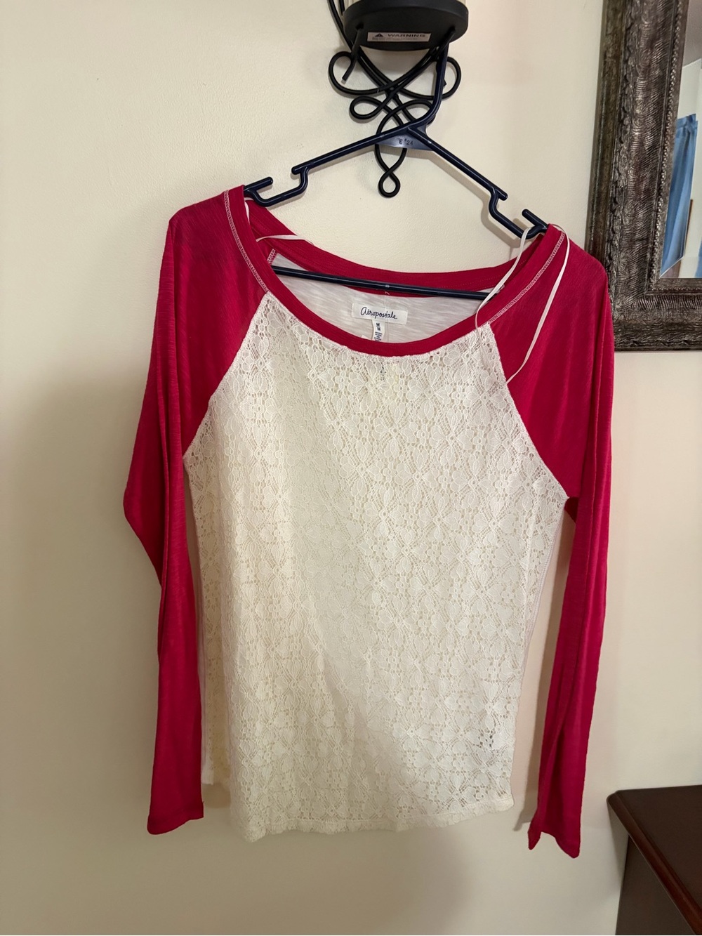 Aeropostale Cream Lace Front with Pink Raglan Long Sleeve Top
